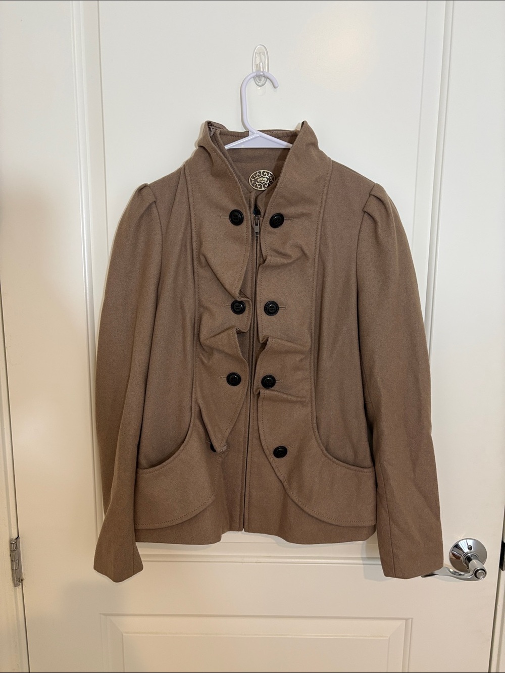 Womens Ruffle-Front Taupe Pea Coat